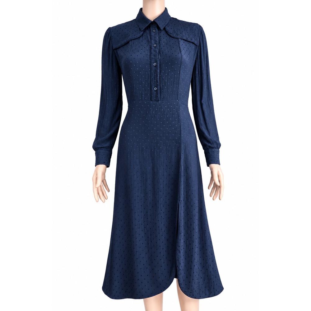 Sandro Paris Navy Swiss Dot Midi Dress Size 34 US 2 XS Long Sleeve Collared